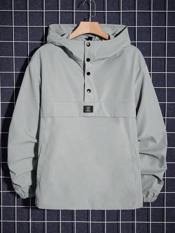 Manfinity BRENVOR Chaqueta con capucha de manga larga, ajuste holgado, con parche de letra y medio botón, para otoño