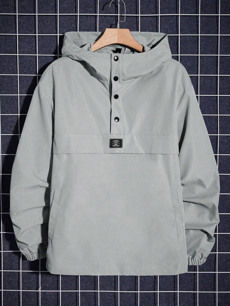 Manfinity BRENVOR Loose Fit Men Long Sleeve Letter Patched Half Button Hooded Jacket, Fall