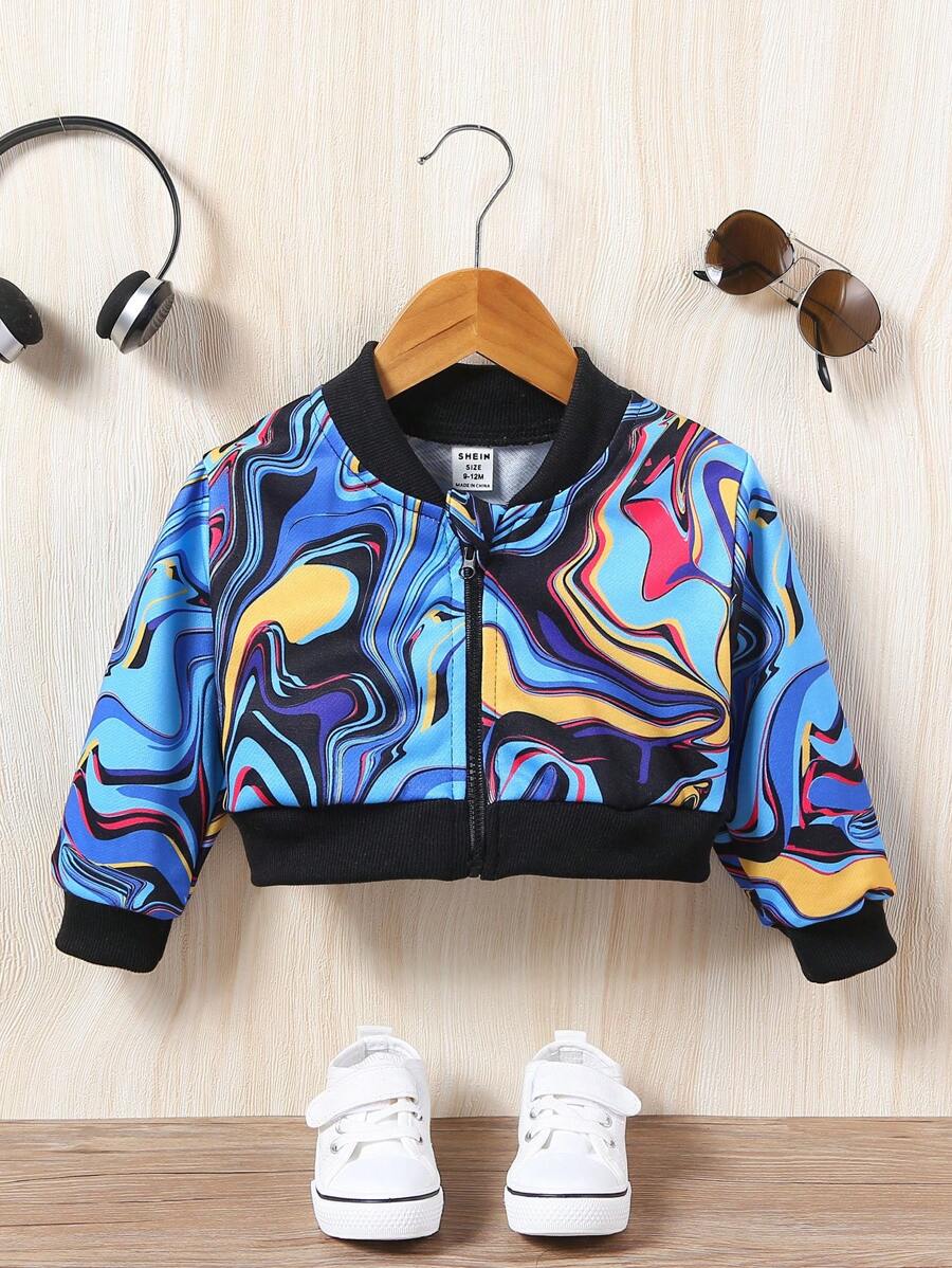 Baby Girl Marble Print Zip Up Bomber Jacket - Blue - View 1