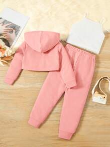 SHEIN Young Girl Letter Graphic Hoodie & Cami Top & Sweatpants - Pink - View 2