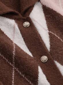 DAZY 菱形图案落肩水手领开衫，秋季女装 - 棕色 - 查看 4