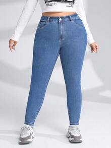 SHEIN EZwear Cộng với quần jean skinny có khóa kéo - Rửa trung bình - Xem 4