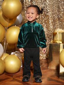 SHEIN 女孩嬰兒半拉鏈落肩袖絲絨運動衫 - 綠色 - 查看 3