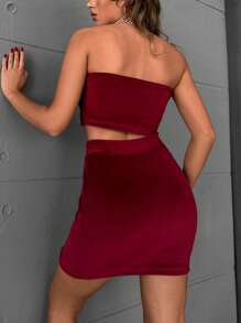EURMUSE Solid Crop Tube Top & Bodycon Skirt - Burgundy - View 2