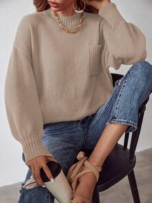 SHEIN LUNE 素色落肩袖口袋貼布套頭毛衣 - 卡其色 - 查看 3