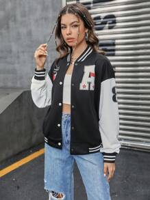 SHEIN Unity Đồ họa Chữ cái Thả vai Hai âm Áo khoác Đại học - Đen và trắng - Xem 6