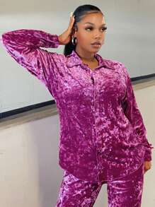 SHEIN SXY 落肩袖絲絨襯衫 - 紫色 - 查看 5