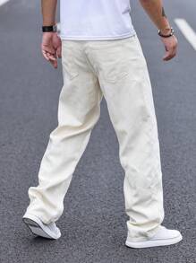 Manfinity EMRG 寬鬆男星字母印花直筒牛仔褲 - 杏色 - 查看 2