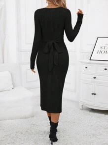 SHEIN Clasi 純色羅紋針織後繫帶開衩大腿緊身洋裝 - 黑色 - 查看 2