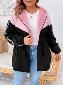 SHEIN LUNE Plus Letter Graphic Drawstring Waist Teddy Lined Hooded Jacket, For Winter Fall Autumn - Multicolor - View 2