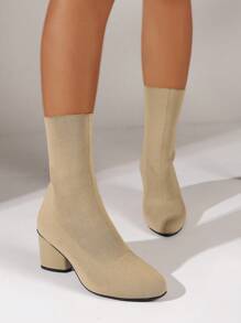 Women's Knitted Boots, 2023 Christmas New Mid-Calf Booties, Beige Fashionable Autumn/Winter Ladies' Boots With Unique Heels, Naked Boot, Fashionable Boots That Make You Look Taller And Slimmer, Halloween Ankle Boots For Women, Boots For Women, Holiday Season Fashion Boots For Women - Apricot - View 2