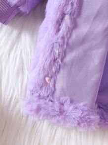 Baby Girl Solid Button Front Hooded Fluffy Coat Without Sweater - Mauve Purple - View 8