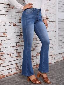 SHEIN LUNE 花卉刺繡牛仔喇叭褲 - 黑色 - 查看 4