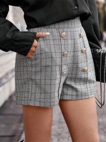 SHEIN Clasi 格紋印花雙排扣短褲 - 彩色 - 查看 3