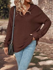 SHEIN LUNE 素色落肩袖套頭毛衣 - 咖啡棕 - 查看 3