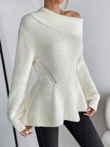 SHEIN Privé Cổ không đối xứng Lưới Thả vai Xoay eo Áo len - trắng - Xem 5
