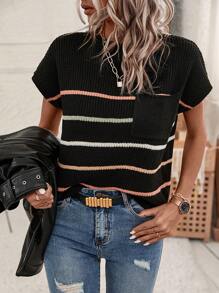 SHEIN LUNE Striped Pattern Pocket Patched Batwing Sleeve Knit Top - Multicolor - View 6