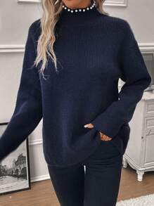 SHEIN Clasi Pearls Beaded Mock Neck Drop Shoulder Sweater - Navy Blue - View 3
