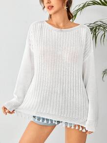 Soleia Drop Shoulder Tassel Hem Sweater - White - View 1