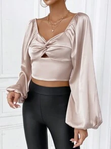 SHEIN Privé Twist Front Lantern Sleeve Crop Satin Blouse - Khaki - View 4