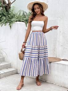 SHEIN VCAY 條紋印花荷葉邊下擺半身裙 - 彩色 - 查看 5