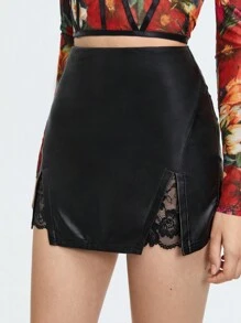 Maija Contrast Lace Split Hem PU Leather Skirt - Black - View 3