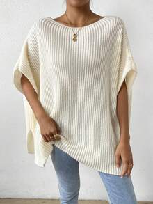 SHEIN Essnce 蝙蝠翼袖開衩下擺羅紋針織斗篷 - 杏色 - 查看 5