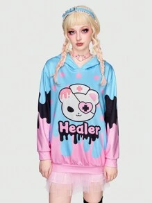 ROMWE Kawaii Cartoon Graphic Drop Shoulder Hoodie Without Skirt - Multicolor - View 4