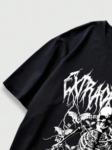 ROMWE MEN Grunge Punk 男士骷髅字母图案T恤和短裤，学校，万圣节 - 黑色 - 查看 5