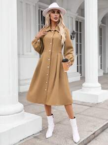 SHEIN Clasi 純色正面鈕扣襯衫洋裝 - 棕色 - 查看 6