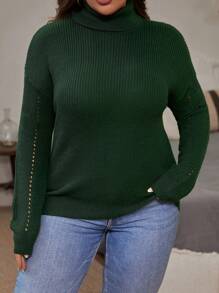 SHEIN LUNE 大碼高領落肩袖套頭毛衣 - 墨綠色 - 查看 1
