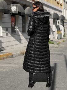 RueChic Zip Up Hooded Puffer Coat - Black - View 2