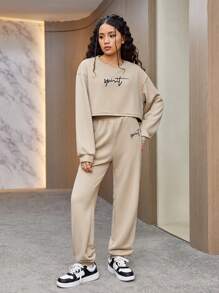 Teen Girl Letter Graphic Drop Shoulder Sweatshirt & Sweatpants - Khaki - View 3