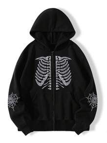 SHEIN EZwear Áo khoác nỉ giữ nhiệt có khóa kéo in hình bộ xương cỡ lớn, lót lông. - màu đen - Xem 1