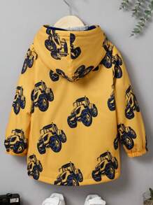 SHEIN Young Boy Car Print Teddy Lined Hooded Coat - Yellow - View 2
