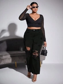 大碼破洞直筒牛仔褲 - 黑色 - 查看 3