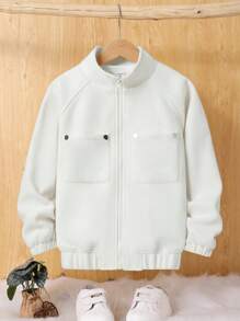 SHEIN 男大童1入組雙口袋拉鍊花呢外套 - 米色 - 查看 3