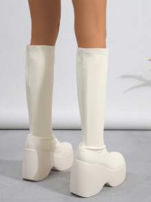 女式高跟厚底靴，襪套設計，純色 - 米色 - 查看 7