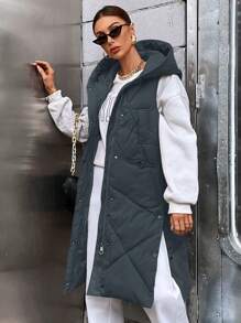 SHEIN Essnce 女士冬季衣服纯色拉链领侧开衩下摆长款连帽加厚棉服外套 - 深灰色 - 查看 1