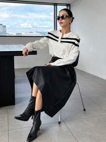 DAZY Striped Pattern Sailor Collar Button Front Sweater,Fall Clothes - White - View 4