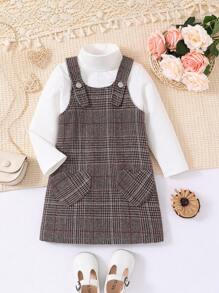 SHEIN 女小童高領T恤&格紋雙口袋背帶洋裝 - 棕色 - 查看 1