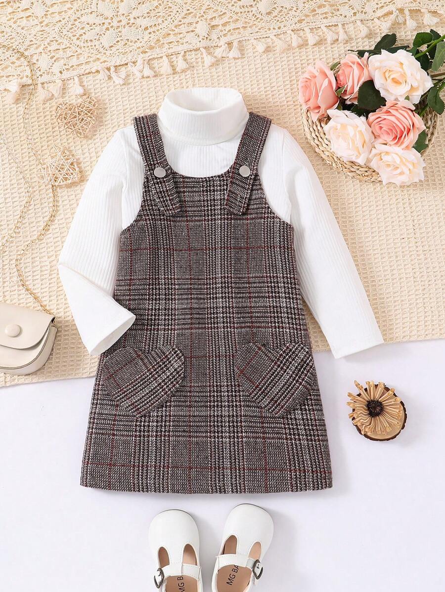 SHEIN 女小童高領T恤&格紋雙口袋背帶洋裝 - 棕色 - 查看 1