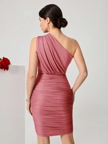SHEIN Belle Vestido ajustado de un hombro con abertura fruncido - Rosa - Ver 4