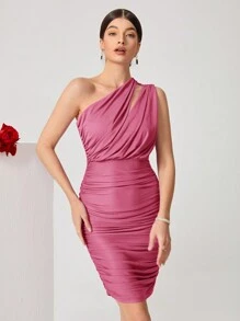 SHEIN Belle Vestido ajustado con pliegues y abertura en un hombro - Rosa Fucsia - Ver 6