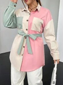 SHEIN EZwear 大碼撞色落肩袖腰帶襯衫 - 彩色 - 查看 3