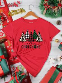 SHEIN EZwear 聖誕樹和標語圖案T恤 - 紅色 - 查看 1