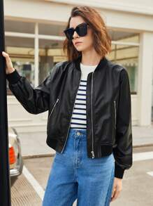 BizChic Zip Up PU Leather Bomber Jacket - Black - View 6