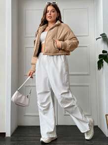 SHEIN EZwear 加大拉链落肩衬垫大衣 - 咖啡棕 - 查看 3
