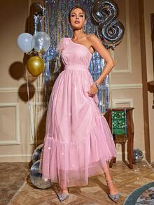 Glamaker One Shoulder Ruffle Hem Mesh Overlay Formal Dress - Pink - View 3