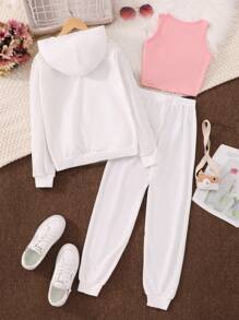 Teen Girl Letter & Figure Graphic Hoodie & Tank Top & Sweatpants